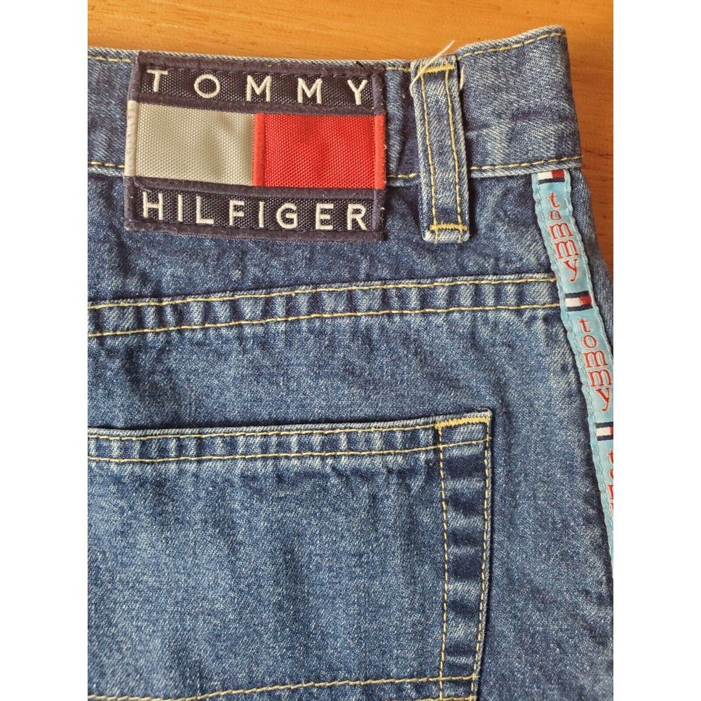 Vintage Tommy‎ Hilfiger Y2K Denim Jean Mini Skirt Large Logo Patch 13 Hong Kong